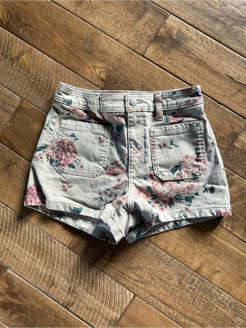 Universal Thread Cream Floral Denim Shorts with Pink & Green Accents